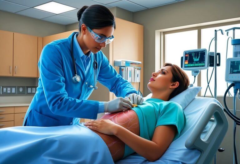 Doctor examining pregnant patient's abdomen in a hospital room