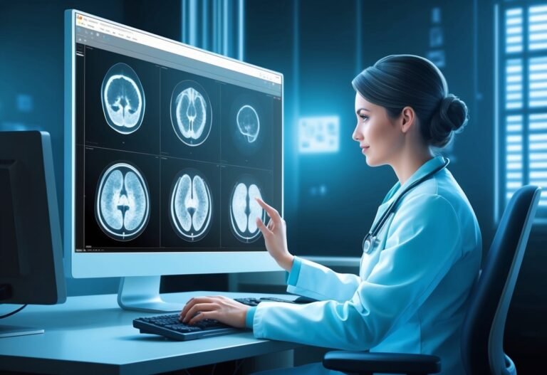Doctor examining brain scans on a computer screen in a medical office