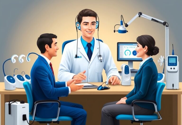 Audiologist with patients in a clinic setting, medical equipment visible