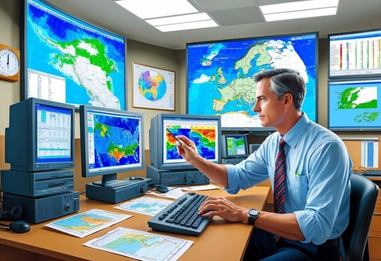 Man in a control room analyzing weather maps on multiple screens