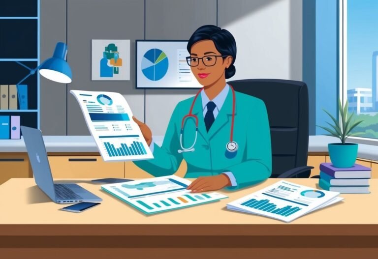 Doctor reviewing medical data reports at her desk in an office