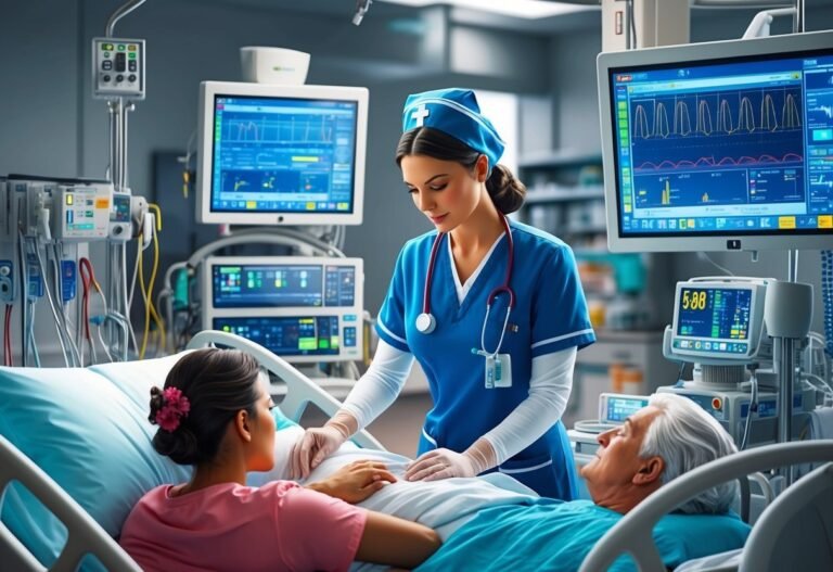 Nurse tending to patients in a hospital room with medical equipment