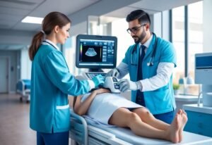 Doctors performing an ultrasound on a patient lying on a hospital bed