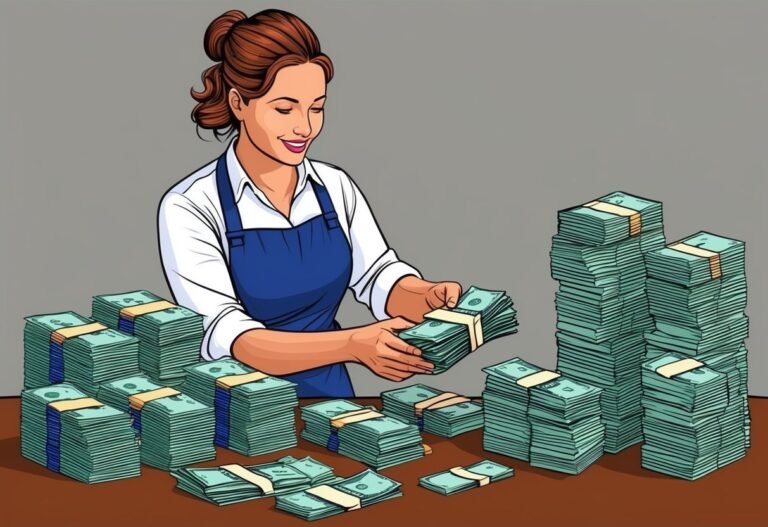 Woman in apron smiling, surrounded by stacks of money