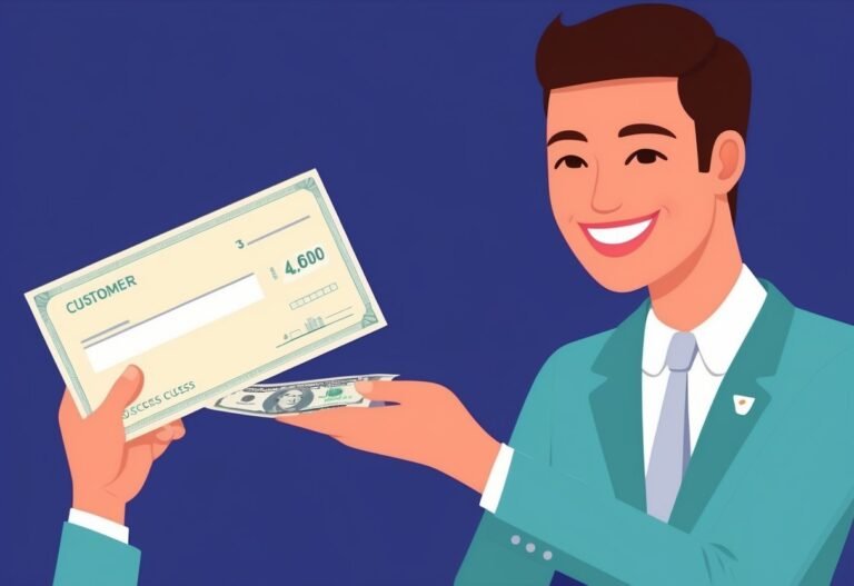 Smiling man holding a check and cash, representing financial success