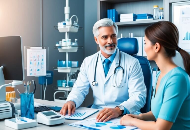 Doctor and patient in a medical office, reviewing charts and data