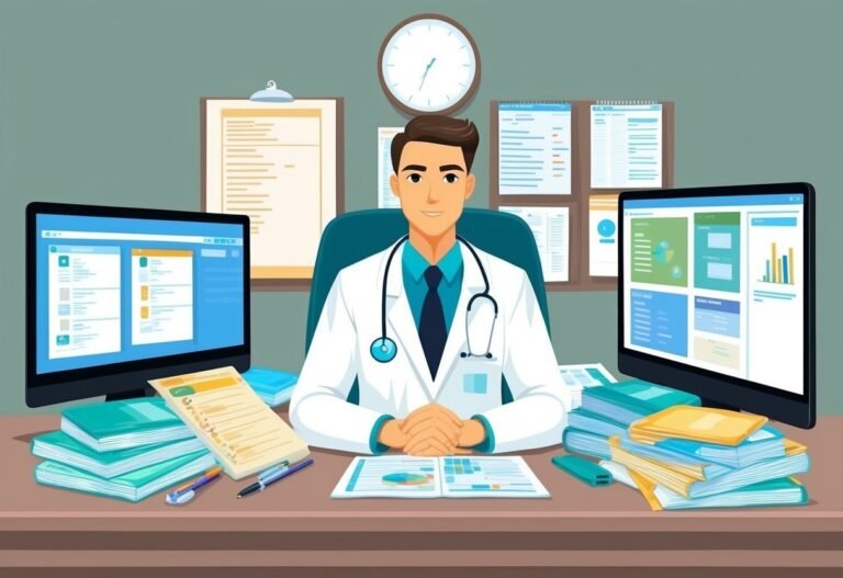 Doctor in white coat sitting at desk with computers and paperwork