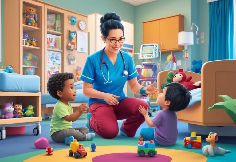 Nurse with two children in a colorful playroom with toys