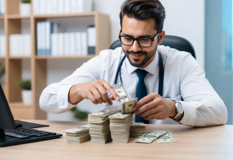 Doctor counting stacks of cash at his desk, stethoscope around neck