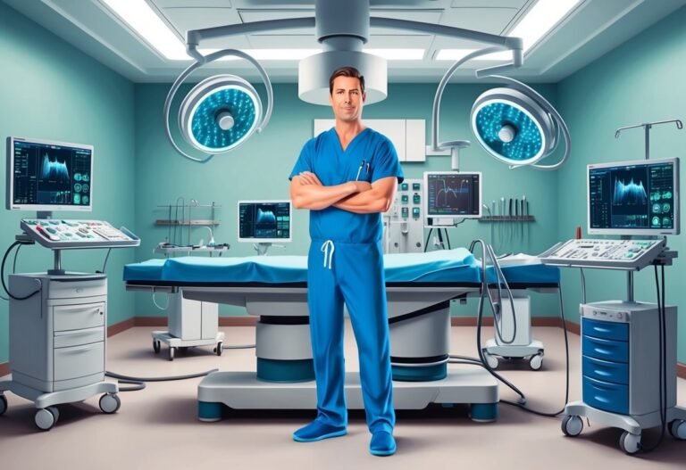 Surgeon in scrubs standing in an operating room with medical equipment