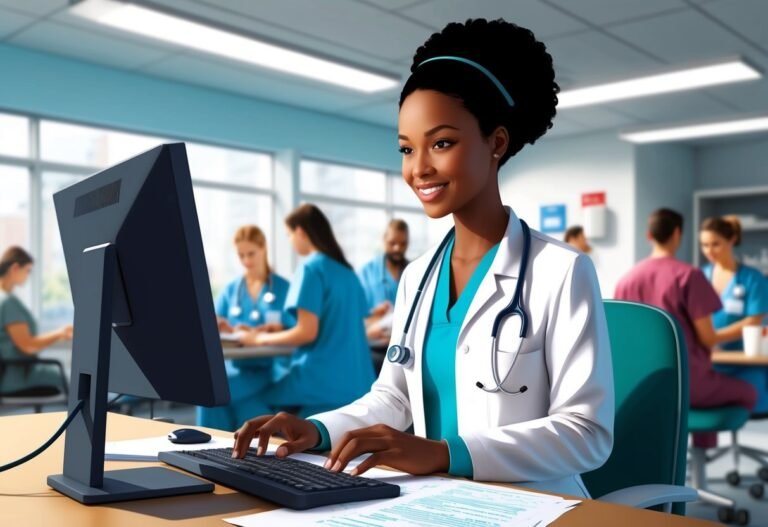 Smiling Black female doctor working on a computer in a medical office