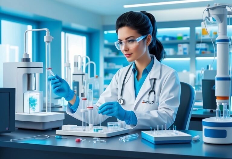 Scientist in lab coat and gloves examines test tubes with equipment