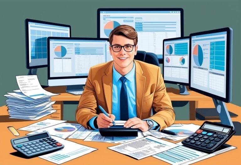 Smiling businessman at desk with multiple computer screens, papers, and calculators
