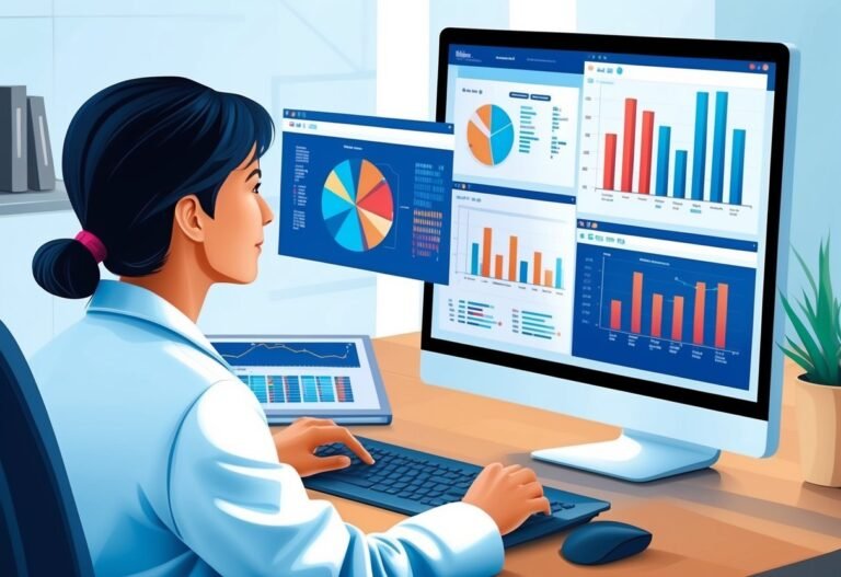 Woman analyzing data charts on computer and tablet, working in office