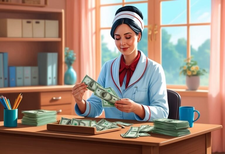 Woman in uniform counting stacks of money at a desk