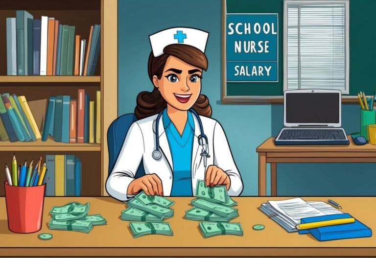 School nurse counting stacks of money at her desk with laptop