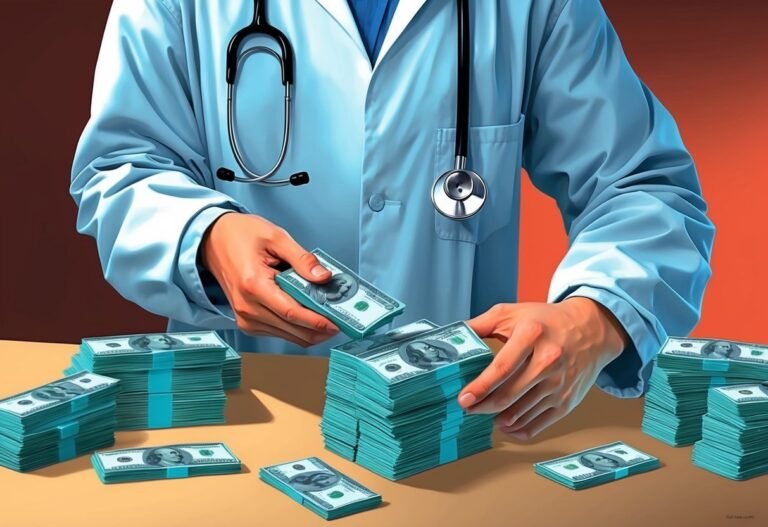 Doctor in lab coat counting stacks of hundred dollar bills