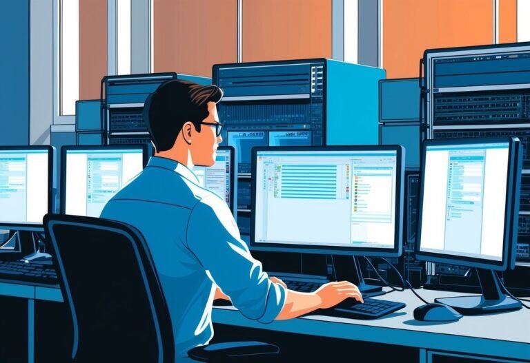 Man working on computers in a server room, surrounded by servers