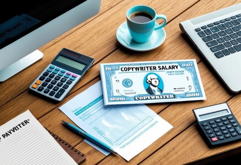 Desk with laptop, coffee, calculators, and "Copywriter Salary" bill