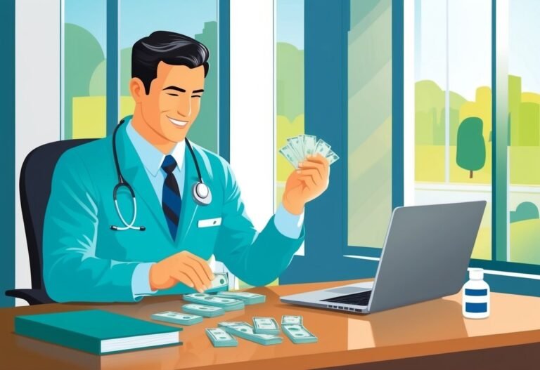 Smiling doctor with money at desk with laptop and pills