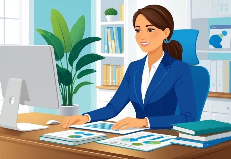 Businesswoman in blue suit working at desk with computer and charts