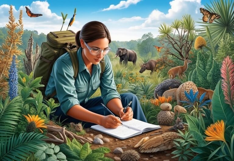 Woman writing in notebook surrounded by wildlife and lush vegetation