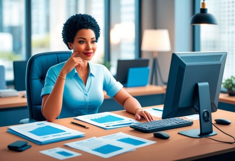 Businesswoman at desk with computer, charts, and a thoughtful expression