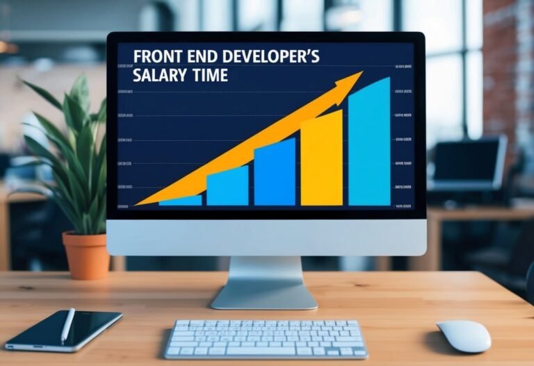 Computer screen displaying a "Front End Developer's Salary Time" graph with an upward trend