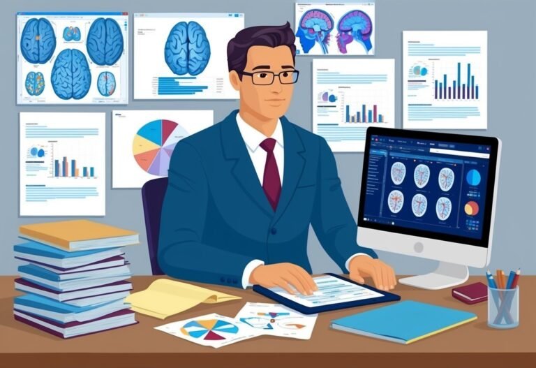 Man in suit analyzing brain scans on computer and documents