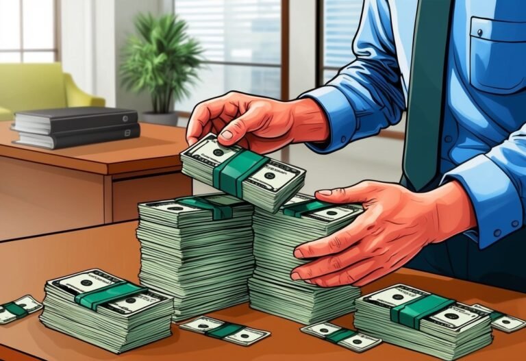 Person arranging stacks of US dollar bills on a table