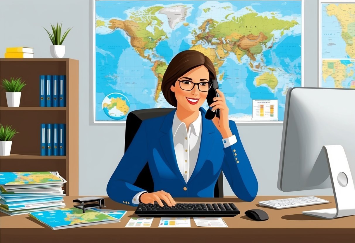 Woman in blue suit on the phone at her desk with world map