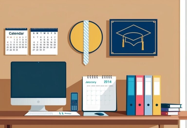 Desk with computer, calendars, binders, and graduation cap illustration