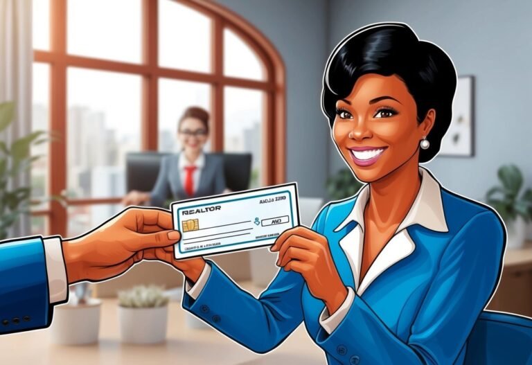 Smiling realtor holding a check, receiving payment in an office setting