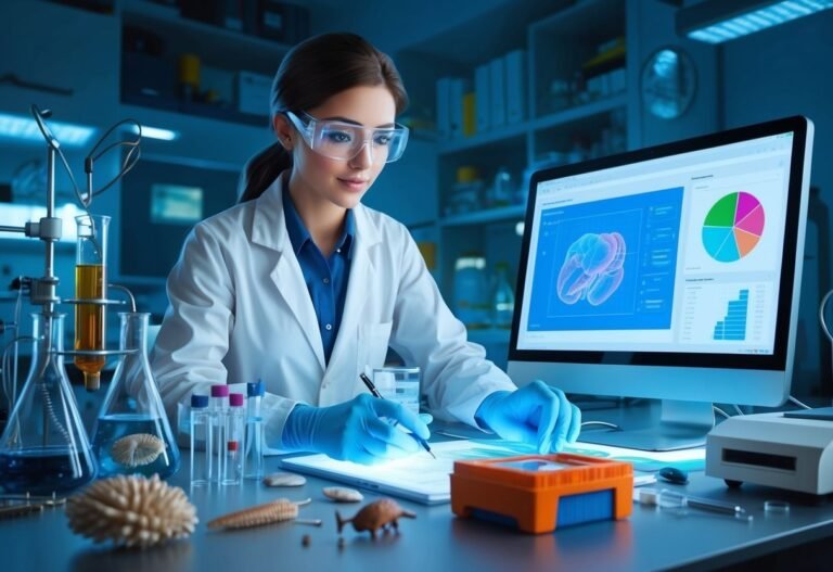 Scientist in lab coat analyzing data on computer, surrounded by equipment