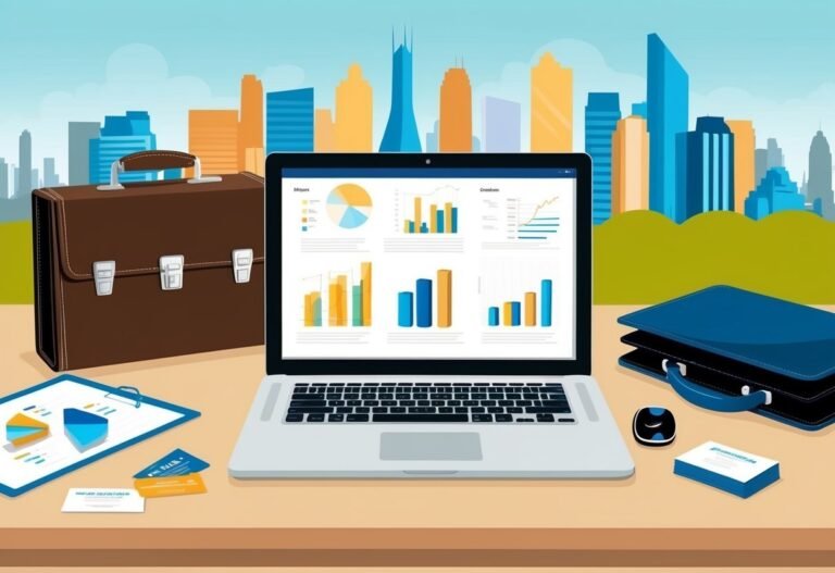 Laptop displaying business charts, briefcases, and cityscape background