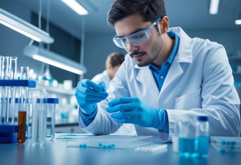 Scientist in lab coat and gloves examining a vial with test tubes in background