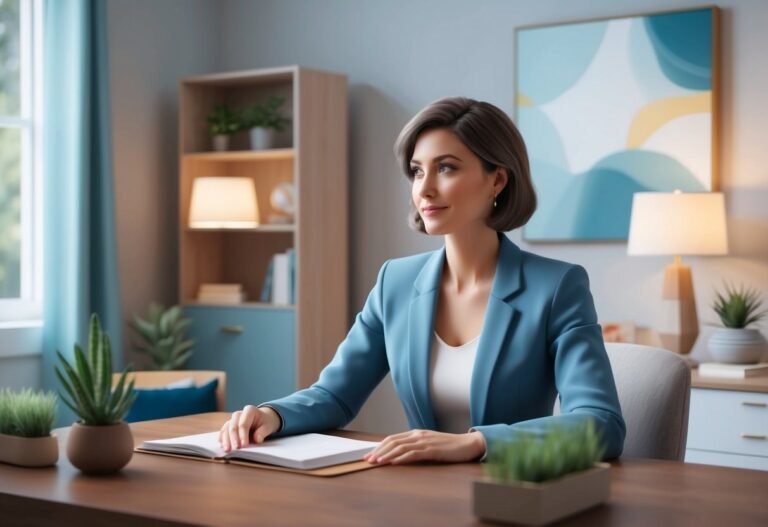 Woman in blue blazer sits at desk, looking thoughtful, in office setting