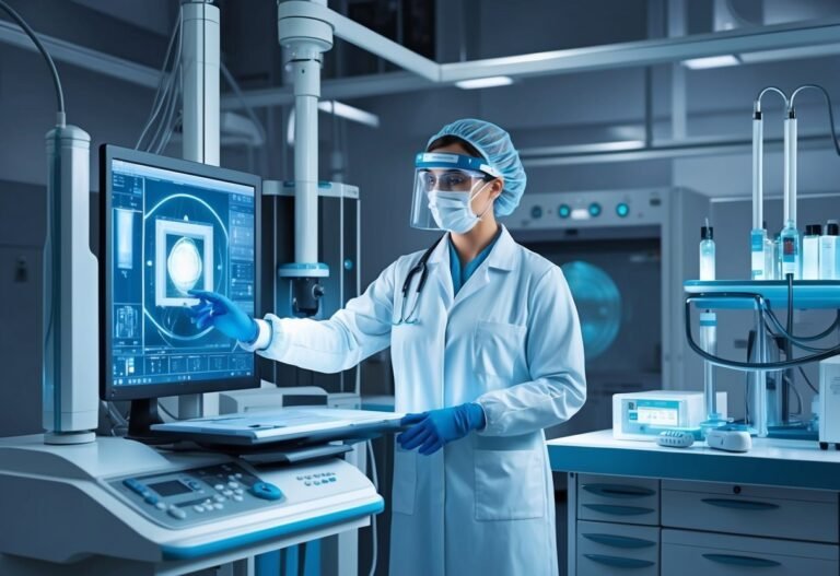 Medical professional in lab coat pointing at a computer screen with scan