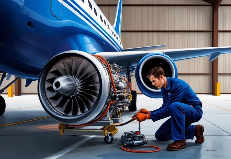 Aircraft mechanic working on an engine in a hangar
