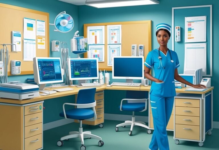 Nurse in blue scrubs stands in a medical office with computers