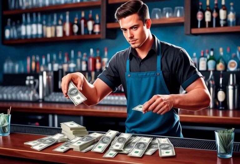 Bartender counting stacks of hundred dollar bills on a bar