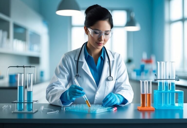 Scientist in lab coat and gloves working with test tubes and samples