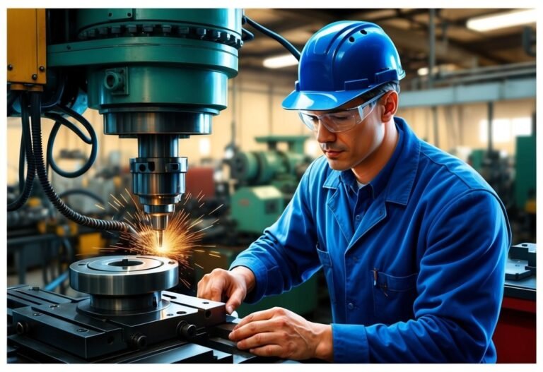 Man in blue work clothes operating a machine with sparks flying