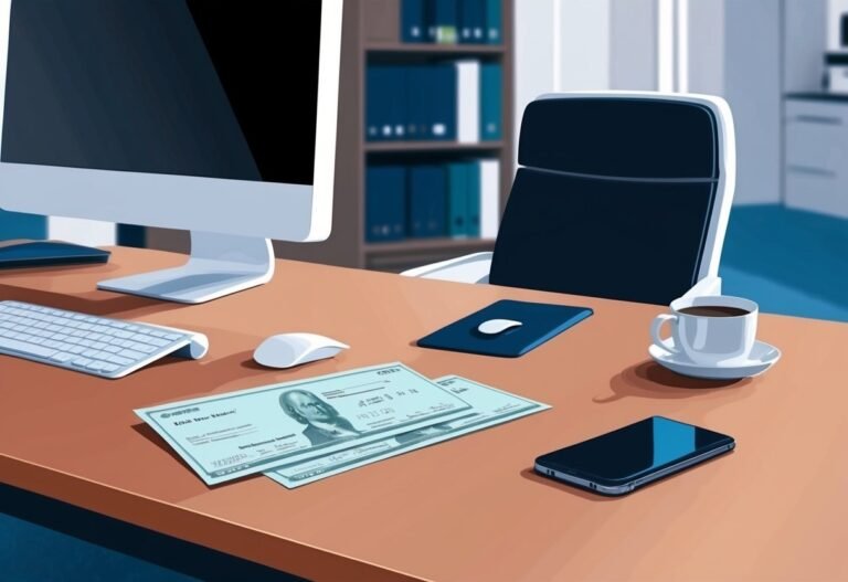 Office desk with computer, checks, coffee, and a smartphone