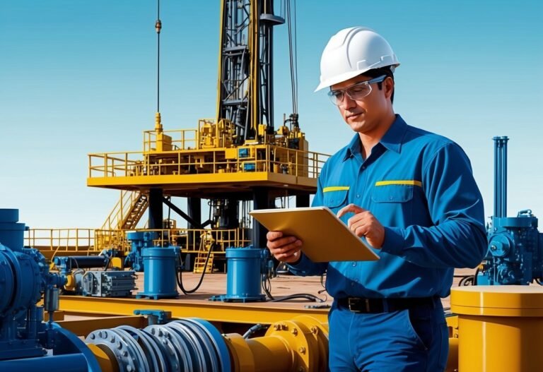 Oil rig worker in blue uniform and hard hat using a tablet