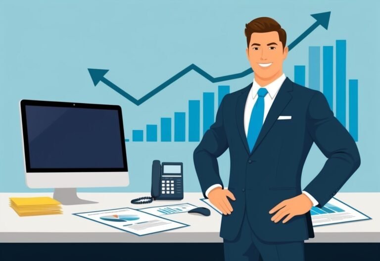 Smiling businessman in suit with graphs, computer, and documents on desk