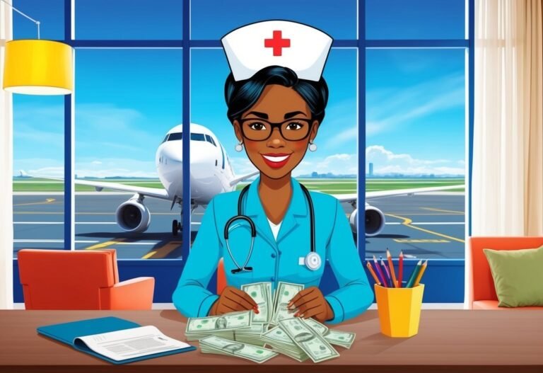 Cartoon nurse counting money at a desk with an airport view