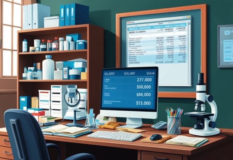 Office desk with computer displaying salary information, microscope, and shelves