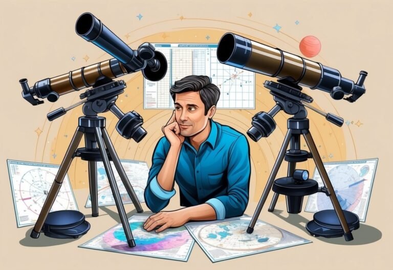 Man with telescopes, maps, and charts, contemplating astronomy