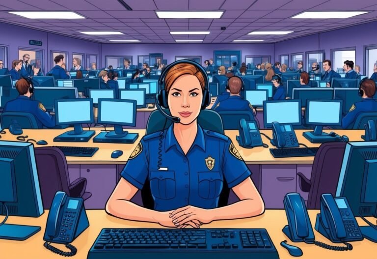 Woman in police uniform at a call center, surrounded by colleagues